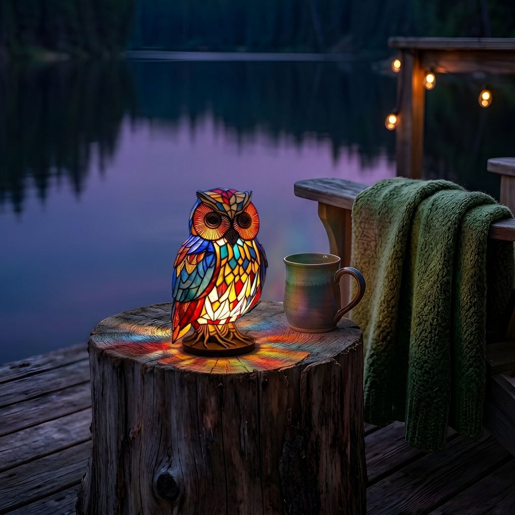 Wijze Uil dierenlamp die gezellig gloeit in een kamer 's avonds