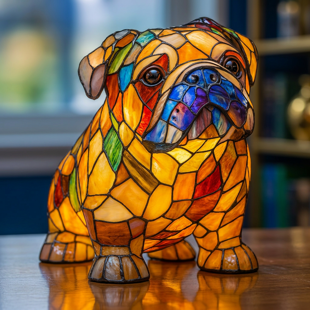 Betoverde Bulldog dierenlamp in glas-in-lood-stijl, verlicht