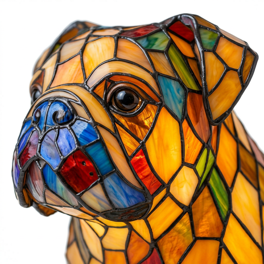 Close-up van de Betoverde Bulldog dierenlamp, kleurrijk mozaïekdetail