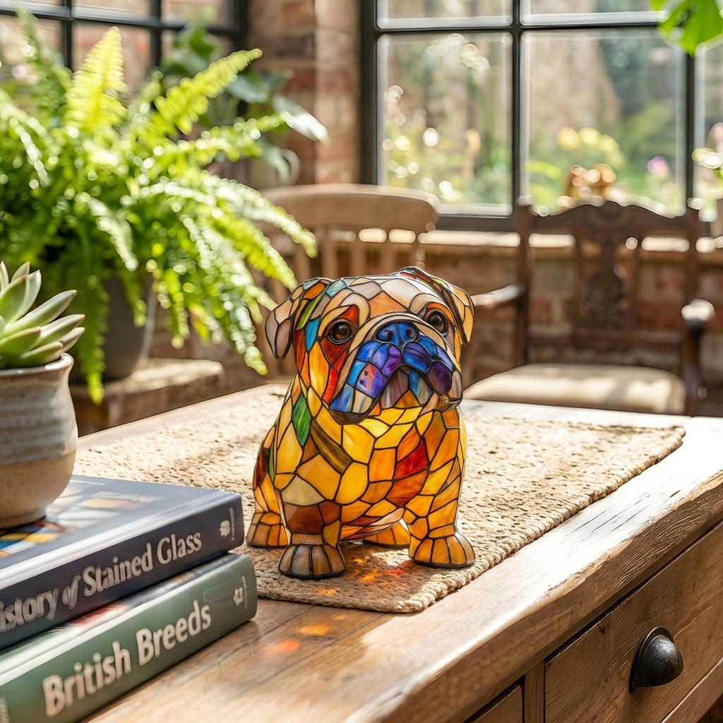 Betoverde Bulldog dierenlamp op een houten tafel in een lichte kamer