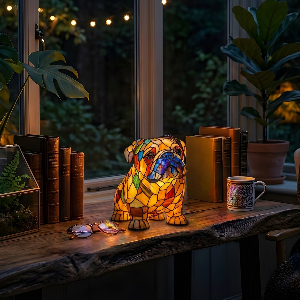 Betoverde Bulldog dierenlamp die gezellig gloeit in een kamer 's avonds