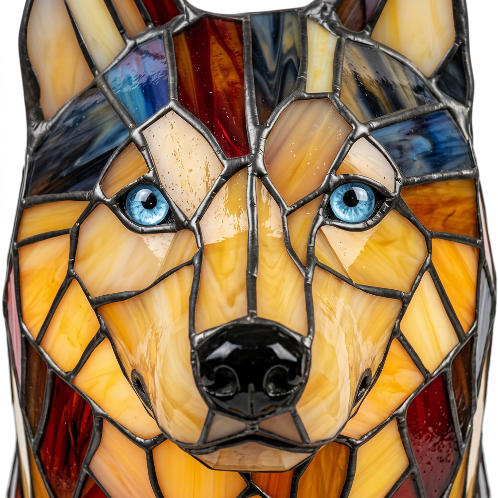 Close-up van de Nala Hond dierenlamp, kleurrijk mozaïekdetail