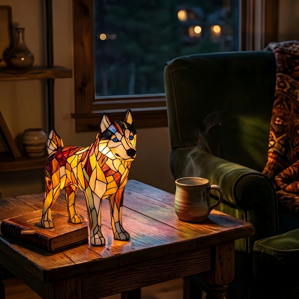 Nala Hond dierenlamp die gezellig gloeit in een kamer 's avonds