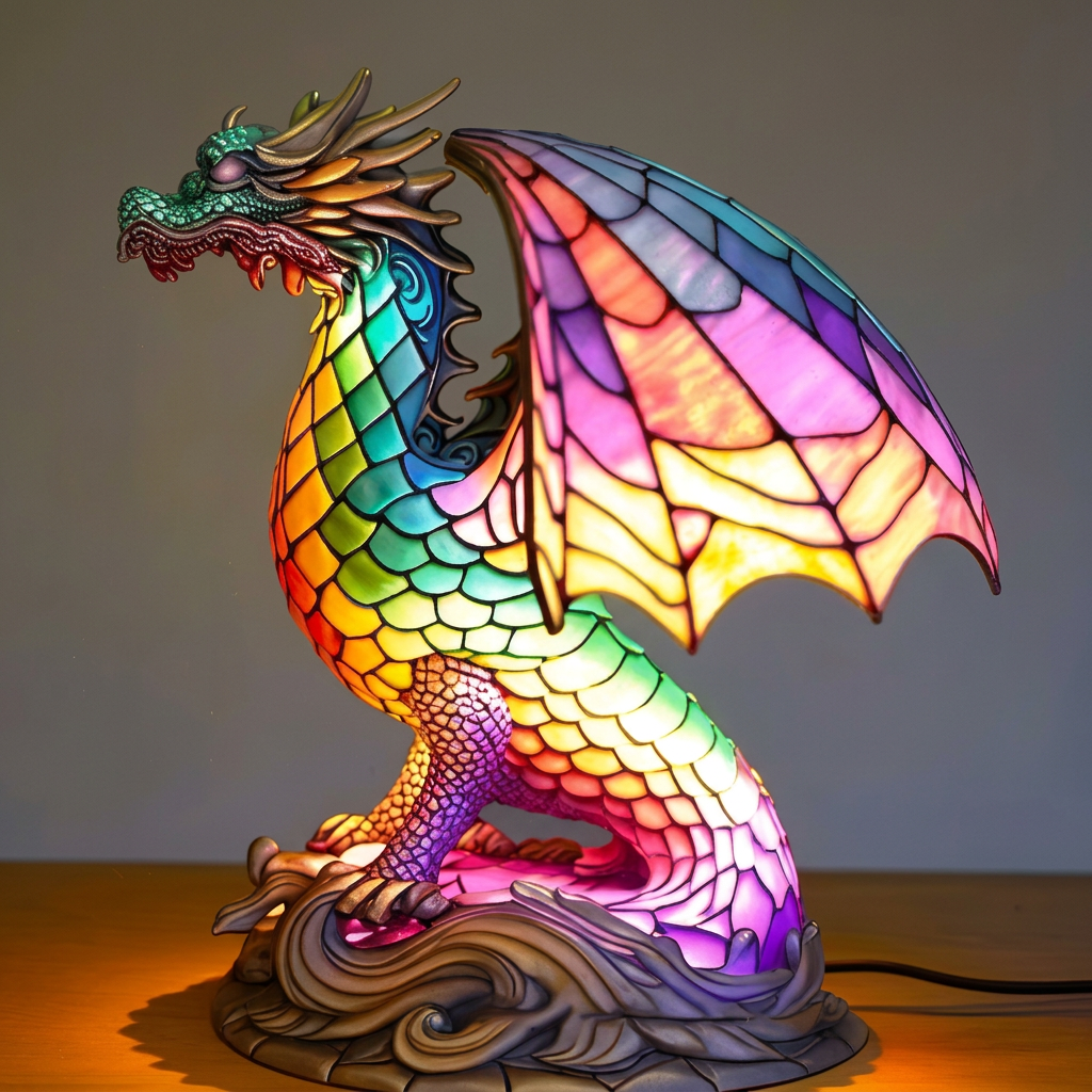 Wammes Draak dierenlamp in glas-in-lood-stijl, verlicht