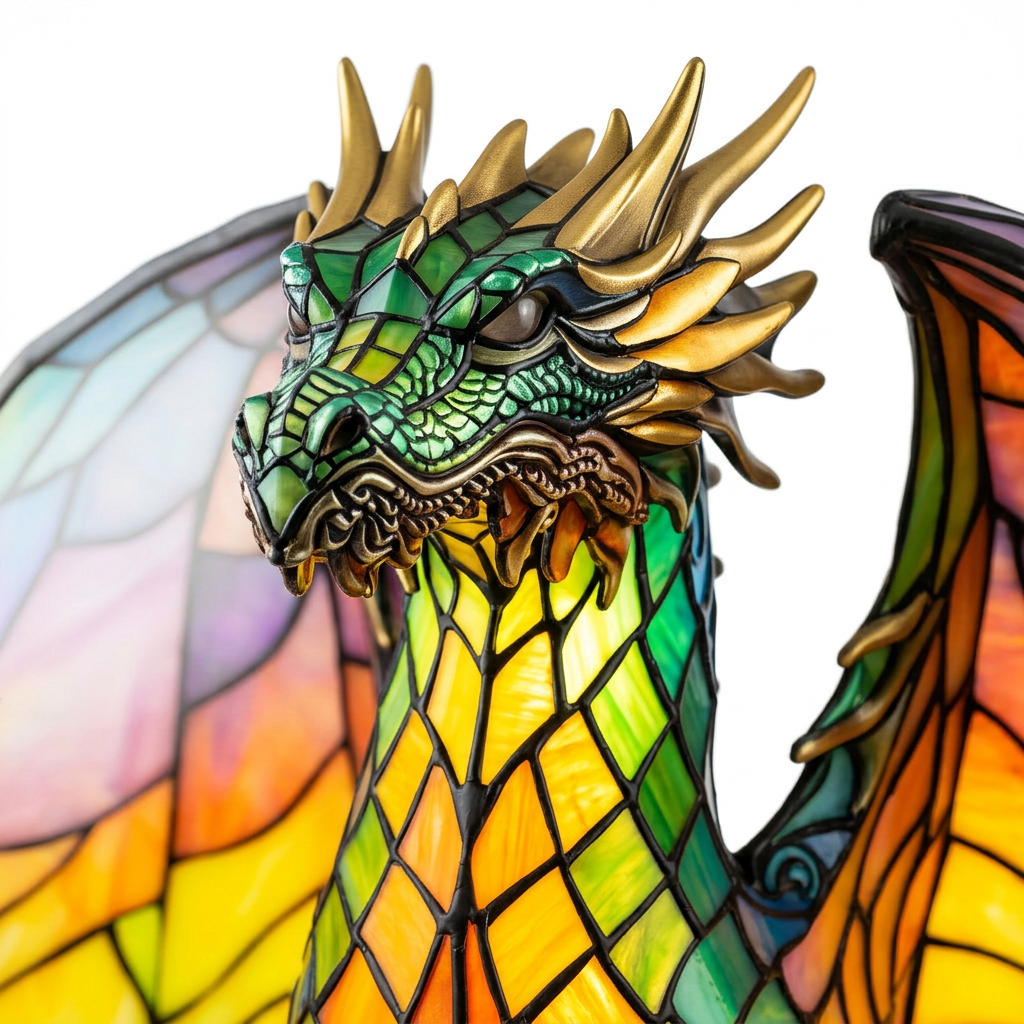 Gros plan de la lampe animale Wammes Dragon, détail de la mosaïque colorée