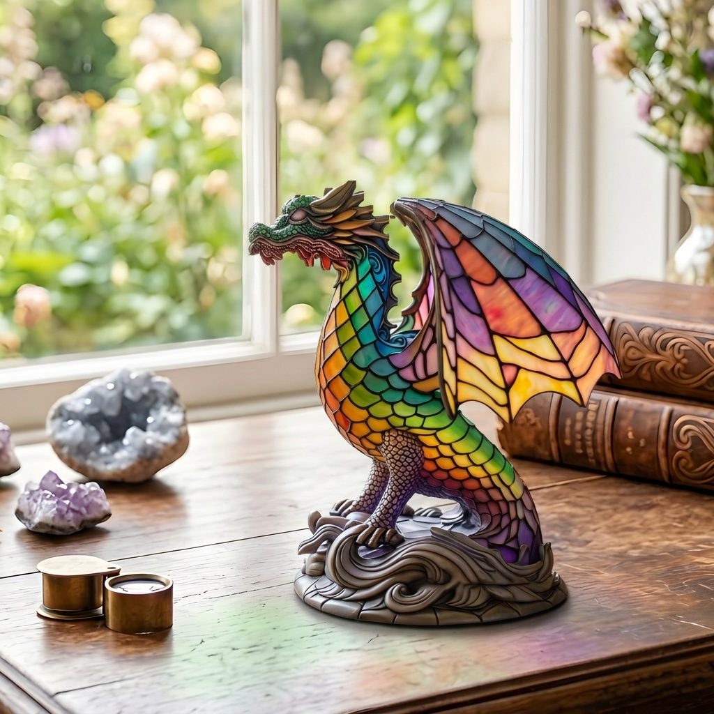 Lampe animale Wammes Dragon sur une table en bois dans une pièce lumineuse