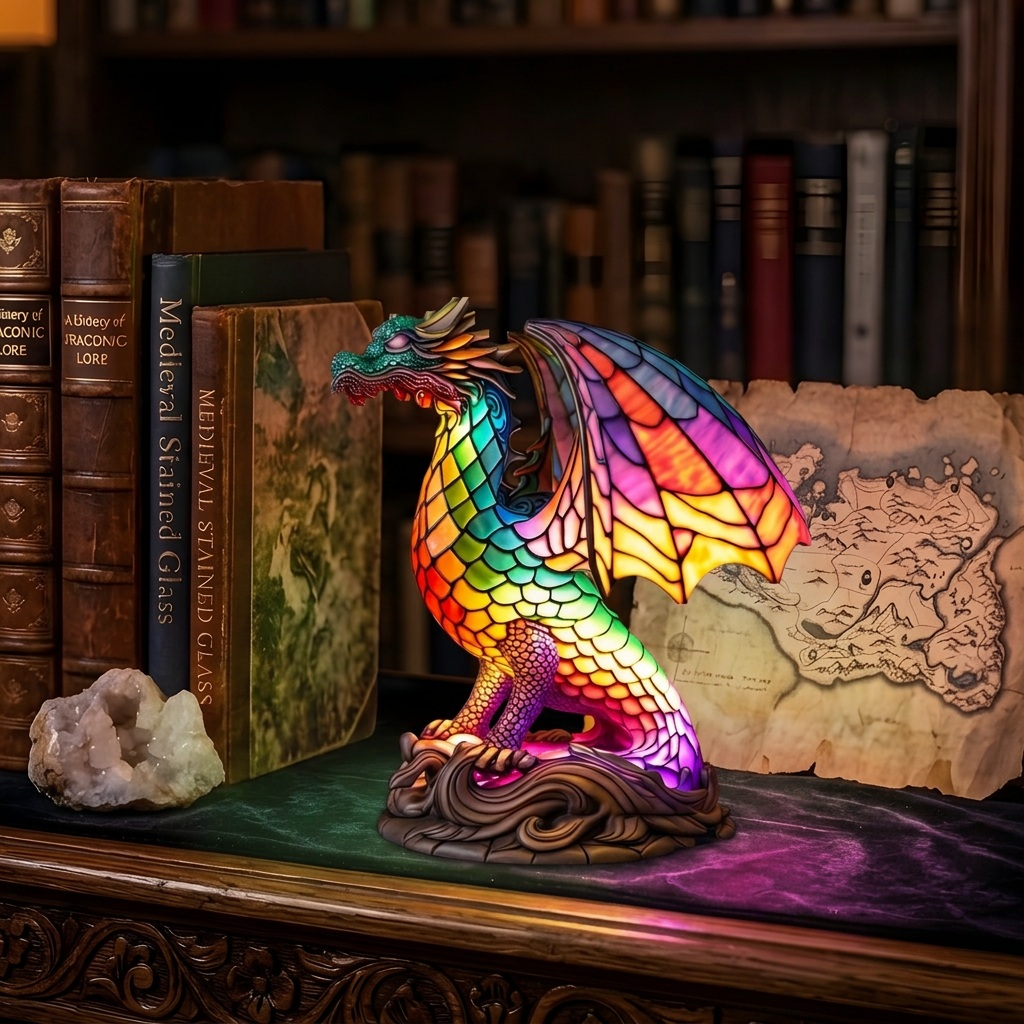 Lampe animale Wammes Dragon allumée dans une pièce chaleureuse le soir