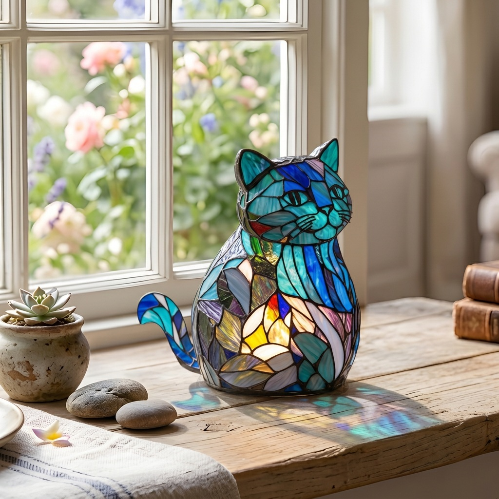 Betoverende Oranje Kat dierenlamp op een houten tafel in een lichte kamer