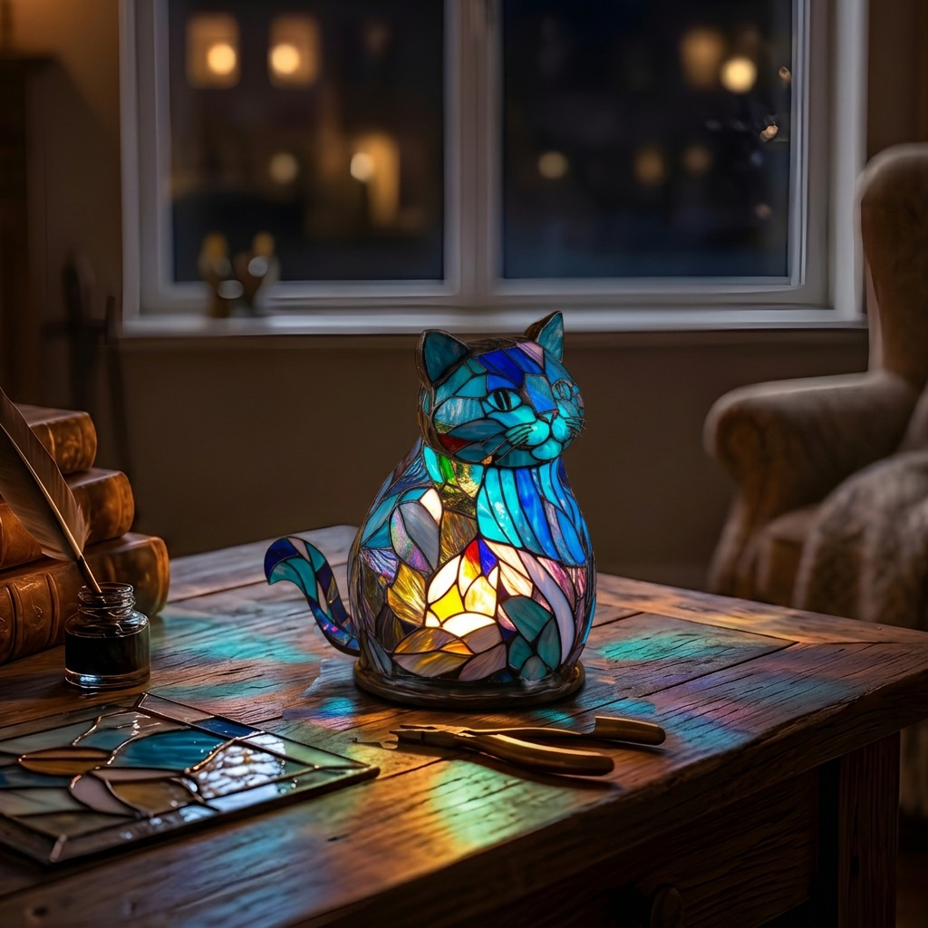 Betoverende Oranje Kat dierenlamp die gezellig gloeit in een kamer 's avonds