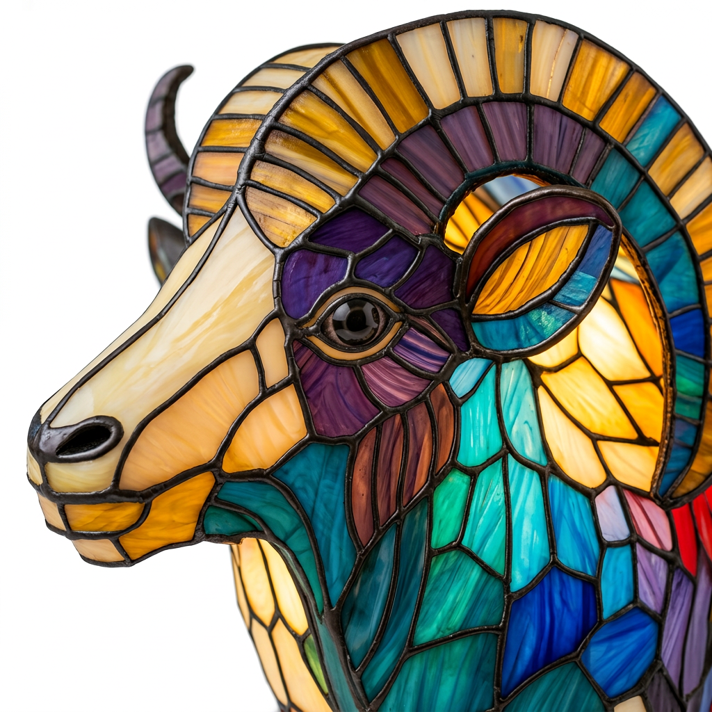 Close-up van de Jip Geit dierenlamp, kleurrijk mozaïekdetail