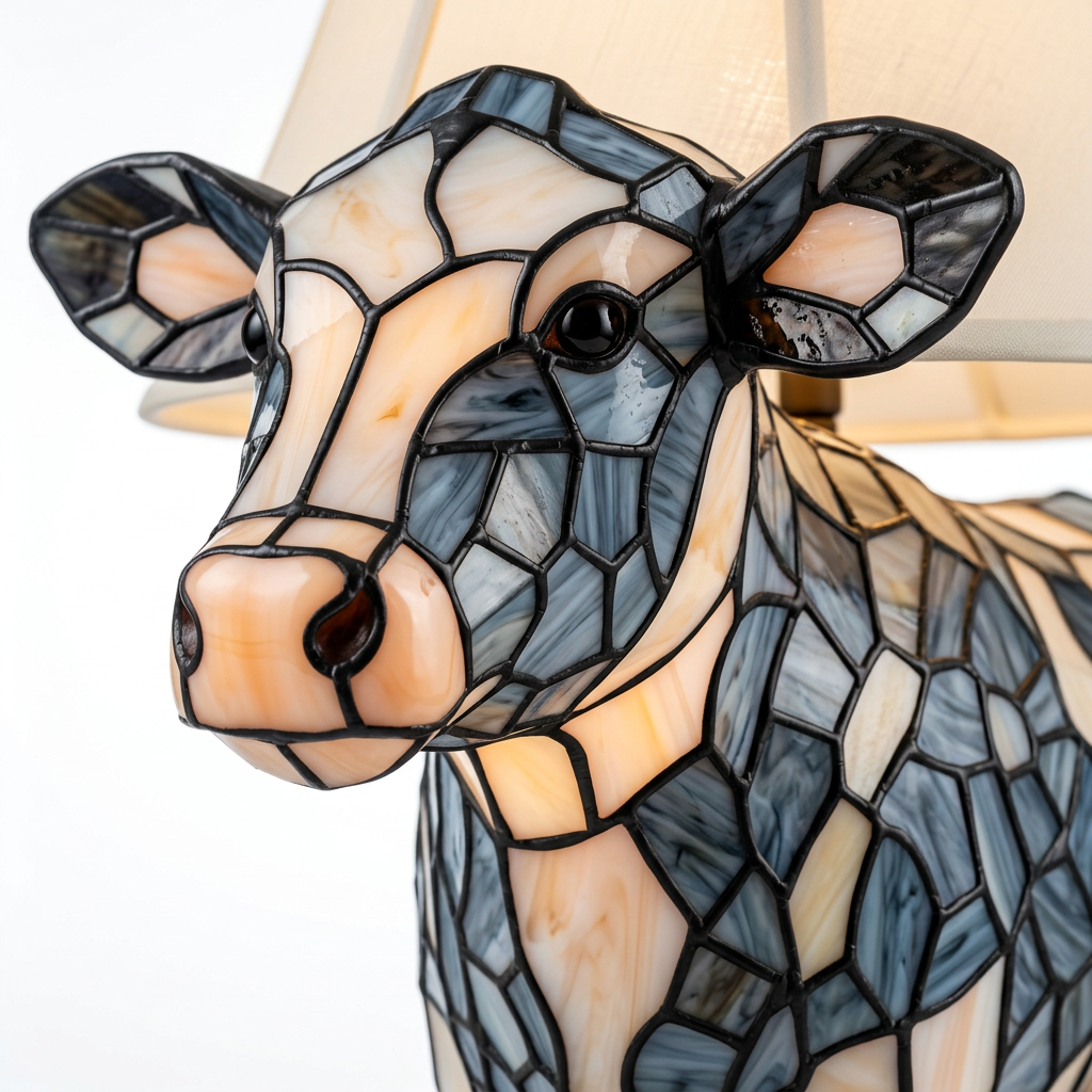 Close-up van de Betoverende Holstein-koe dierenlamp, kleurrijk mozaïekdetail
