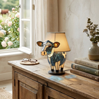 Betoverende Holstein-koe dierenlamp op een houten tafel in een lichte kamer