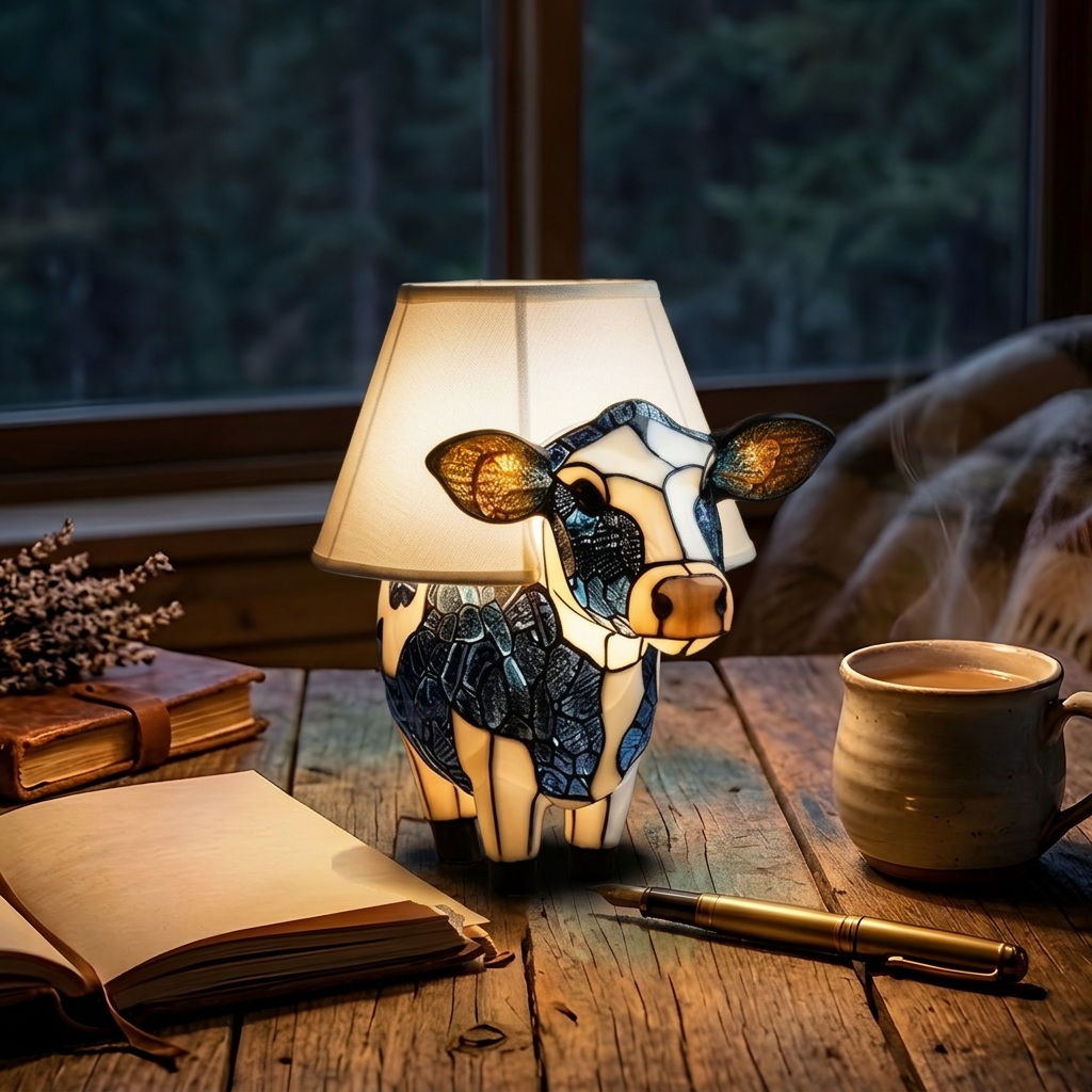 Betoverende Holstein-koe dierenlamp die gezellig gloeit in een kamer 's avonds