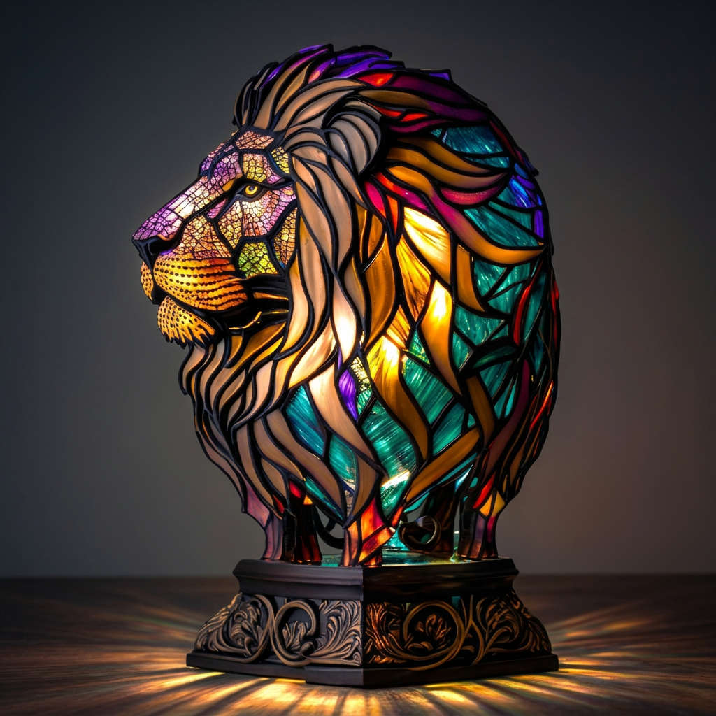 Betoverende Majestueuze Leeuw dierenlamp in glas-in-lood-stijl, verlicht