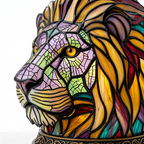 Close-up van de Betoverende Majestueuze Leeuw dierenlamp, kleurrijk mozaïekdetail