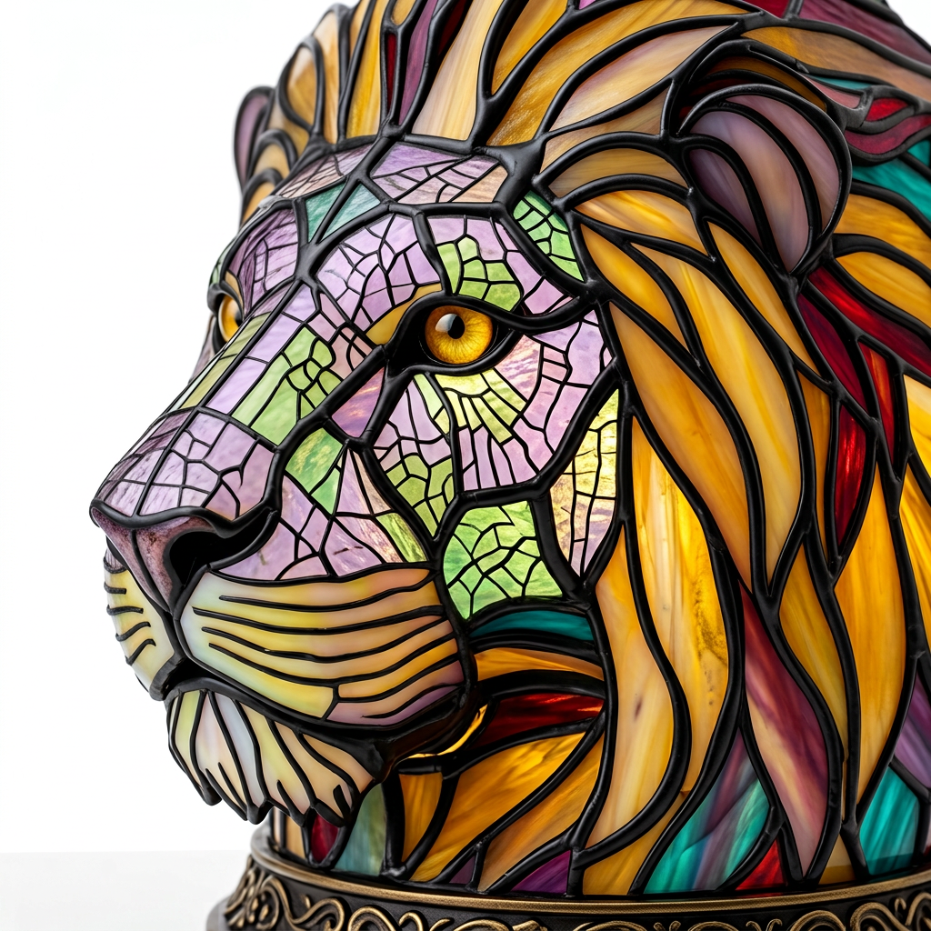 Close-up van de Betoverende Majestueuze Leeuw dierenlamp, kleurrijk mozaïekdetail