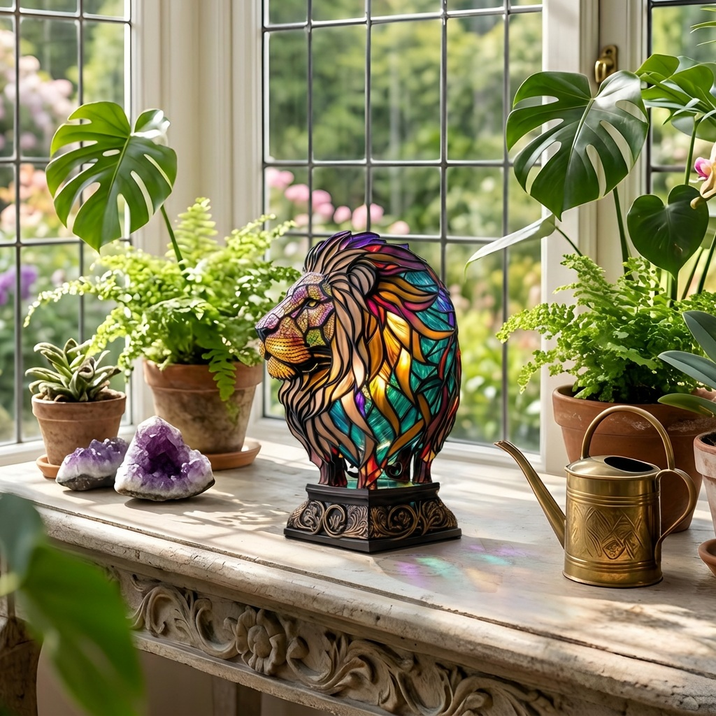 Betoverende Majestueuze Leeuw dierenlamp op een houten tafel in een lichte kamer