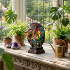 Betoverende Majestueuze Leeuw dierenlamp op een houten tafel in een lichte kamer