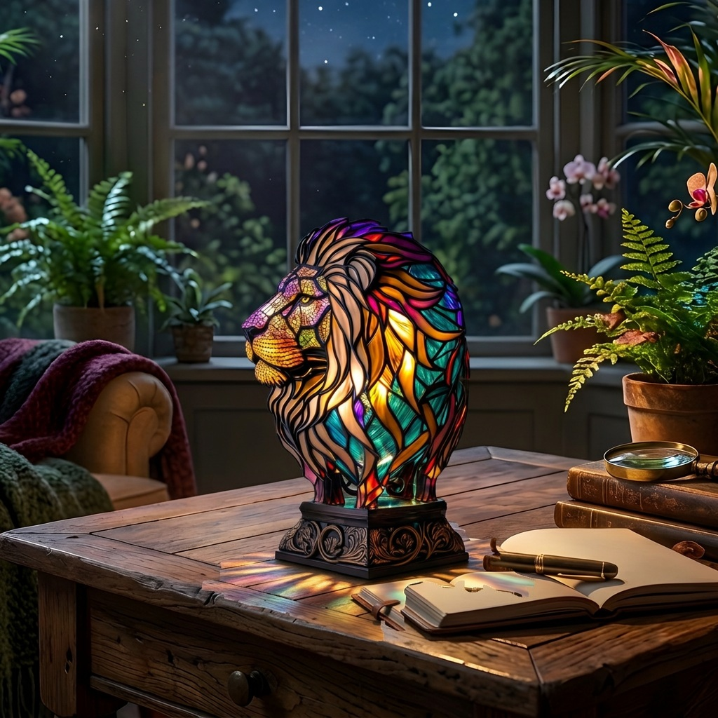 Betoverende Majestueuze Leeuw dierenlamp die gezellig gloeit in een kamer 's avonds