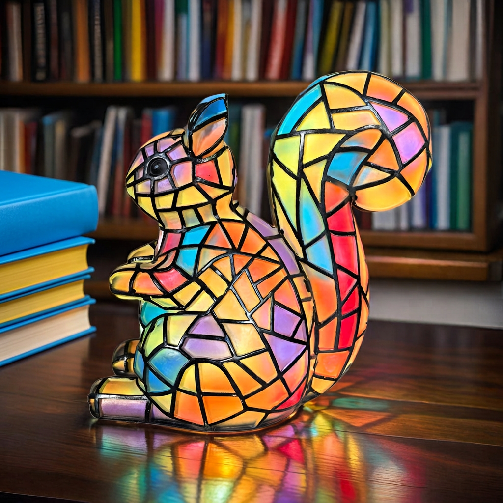 Alvin Eekhoorn dierenlamp in glas-in-lood-stijl, verlicht