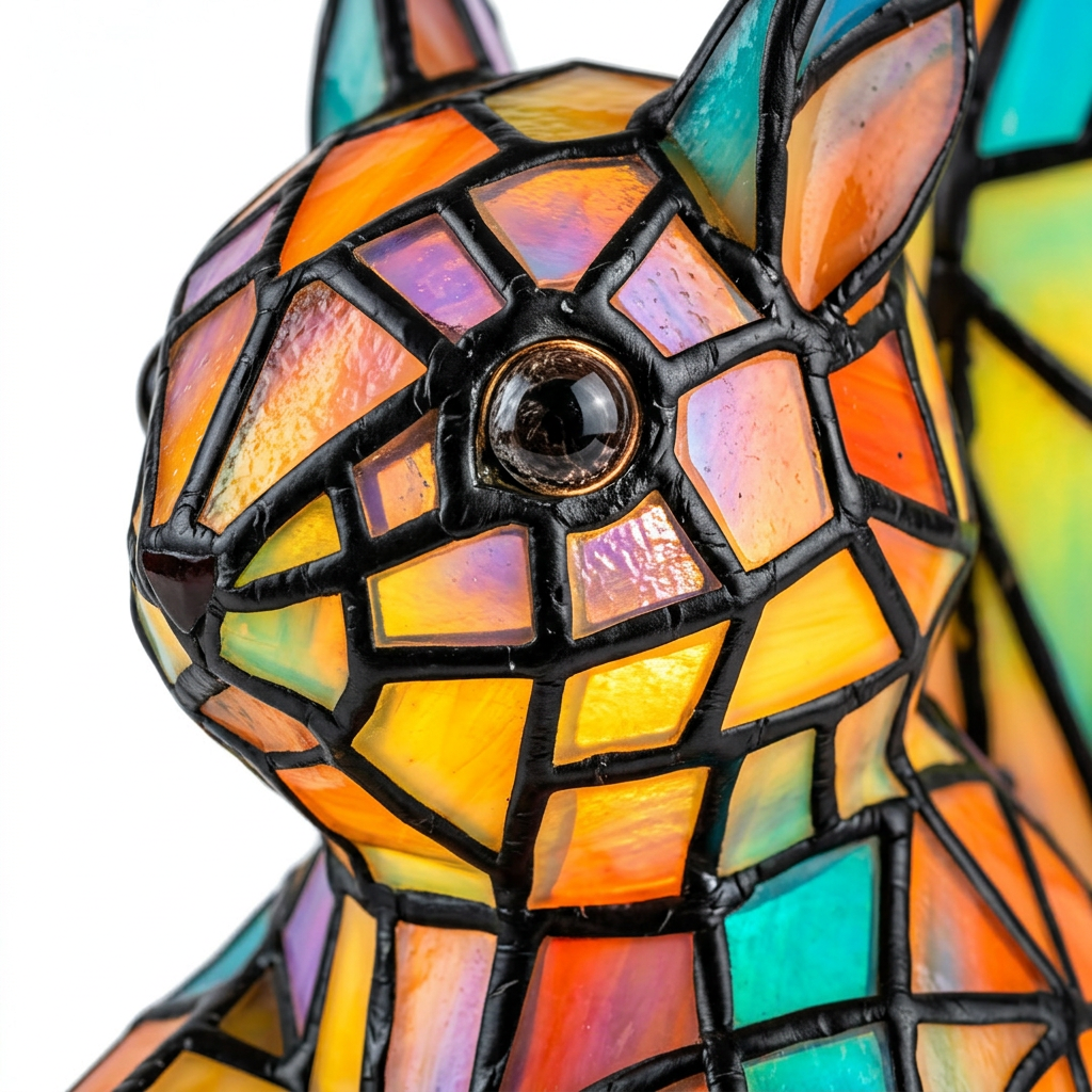 Close-up van de Alvin Eekhoorn dierenlamp, kleurrijk mozaïekdetail