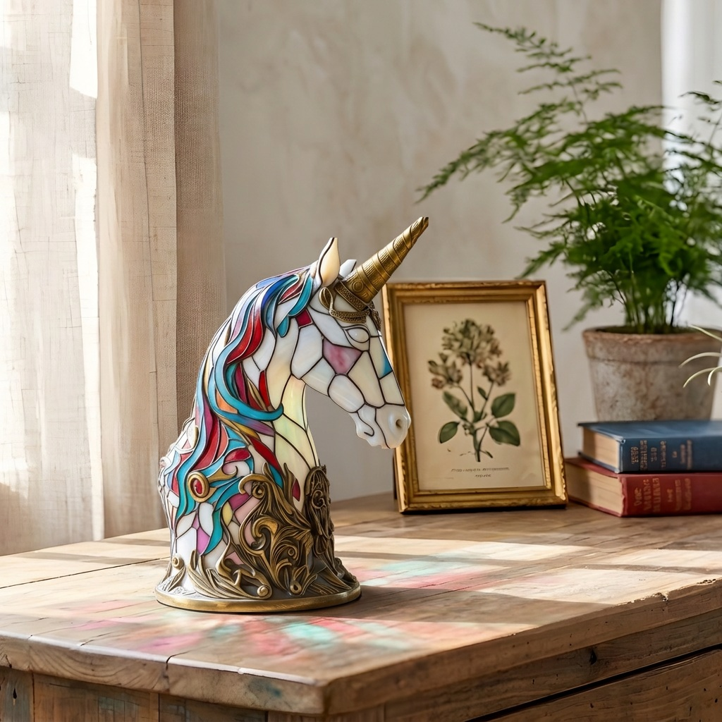 Luna Eenhoorn dierenlamp op een houten tafel in een lichte kamer