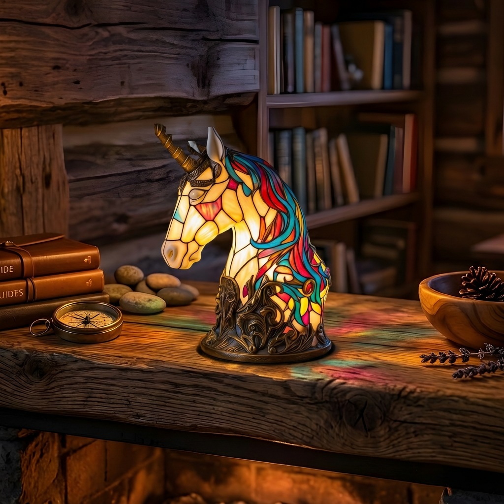 Luna Eenhoorn dierenlamp die gezellig gloeit in een kamer 's avonds