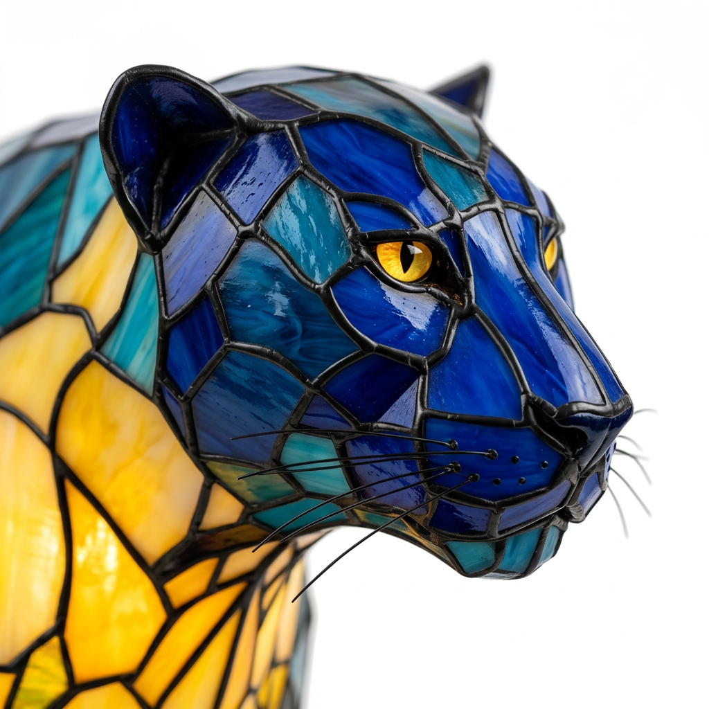 Close-up van de Fluwelen Panter dierenlamp, kleurrijk mozaïekdetail