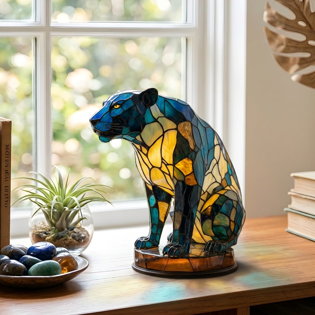 Fluwelen Panter dierenlamp op een houten tafel in een lichte kamer