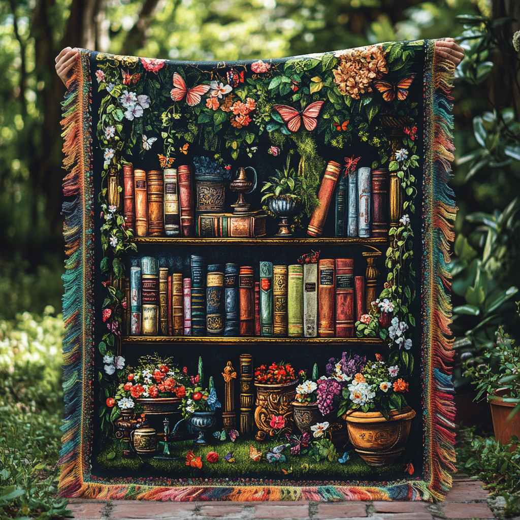 Plaid tissé Bibliothèque fleurie – une bibliothèque chaleureuse remplie de livres colorés, de fleurs en pot et de papillons, encadrée de fleurs et de verdure