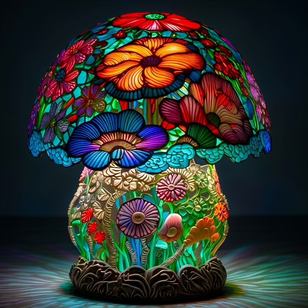Berijpte Paddenstoel dierenlamp in glas-in-lood-stijl, verlicht