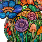 Close-up van de Berijpte Paddenstoel dierenlamp, kleurrijk mozaïekdetail