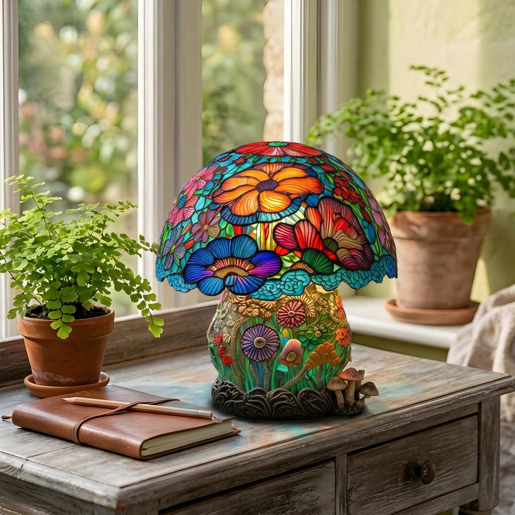 Berijpte Paddenstoel dierenlamp op een houten tafel in een lichte kamer