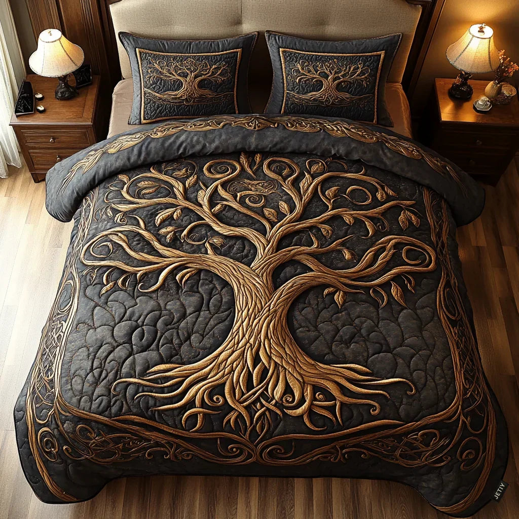 Parure de lit matelassée Harmonie dorée – housse de couette et 2 taies d'oreiller