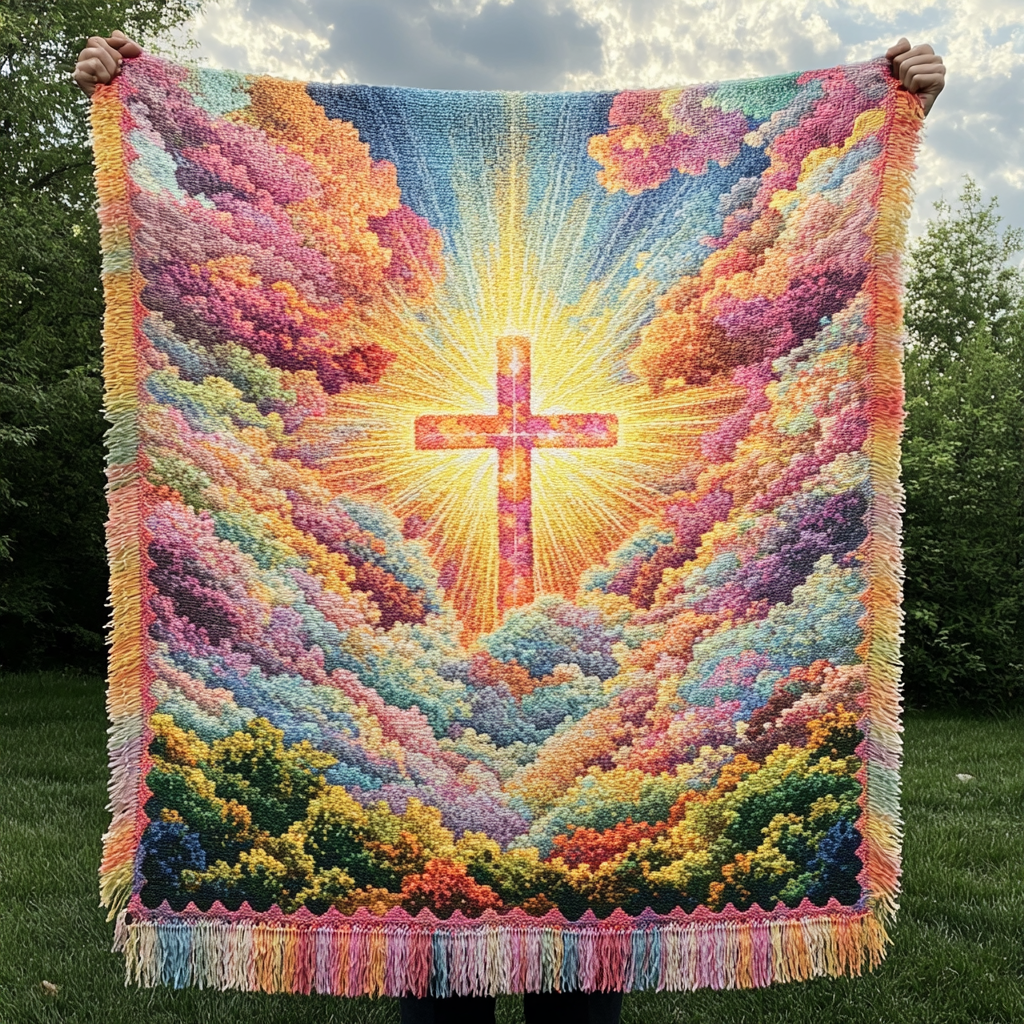 Geweven plaid Heilige glans – een stralend kruis in gouden licht, omringd door wolken en bloesems in roze, oranje, paars en groen