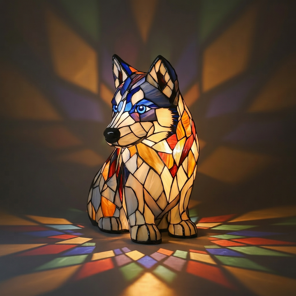 Noordse Husky dierenlamp in glas-in-lood-stijl, verlicht