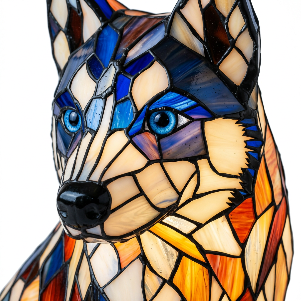 Close-up van de Noordse Husky dierenlamp, kleurrijk mozaïekdetail