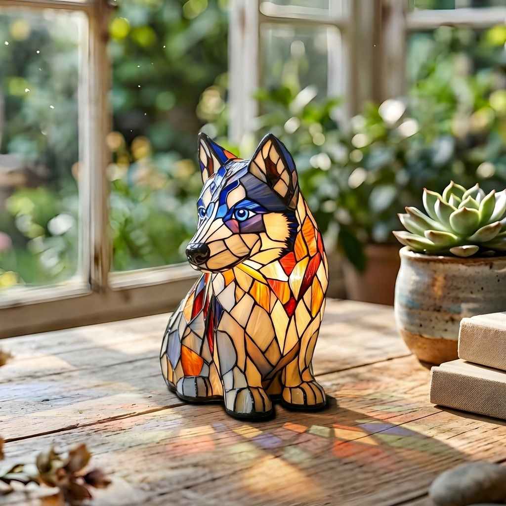 Noordse Husky dierenlamp op een houten tafel in een lichte kamer