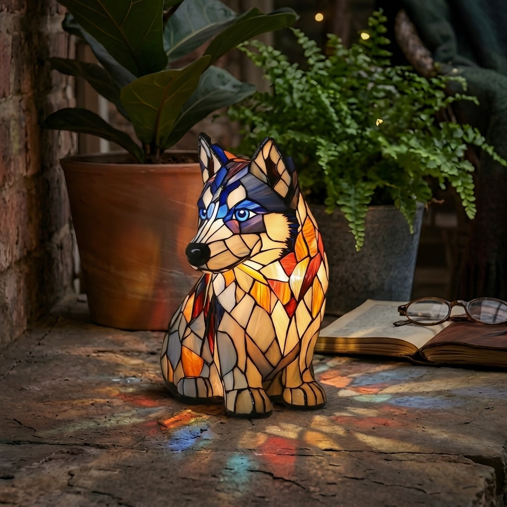 Noordse Husky dierenlamp die gezellig gloeit in een kamer 's avonds