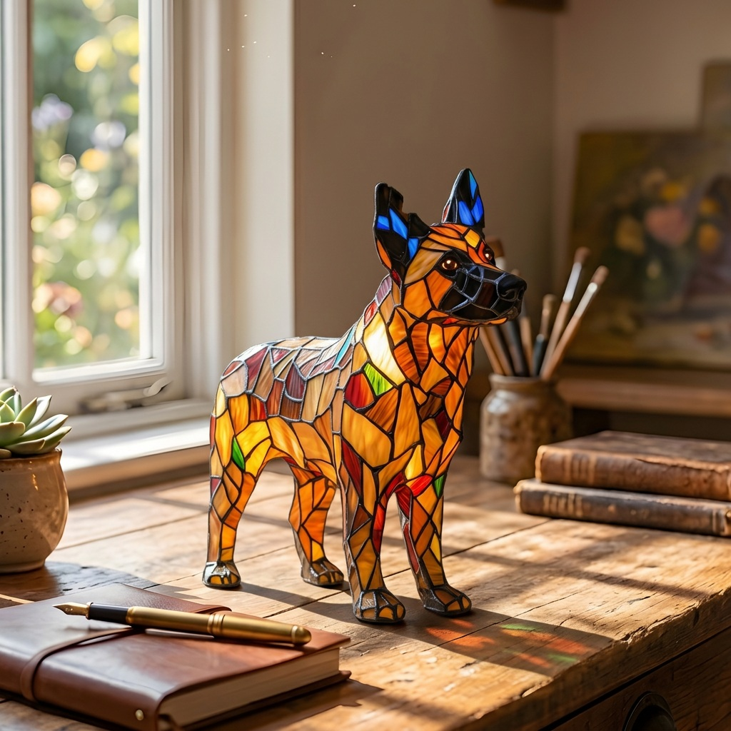 Lichtgevende Beschermer dierenlamp op een houten tafel in een lichte kamer