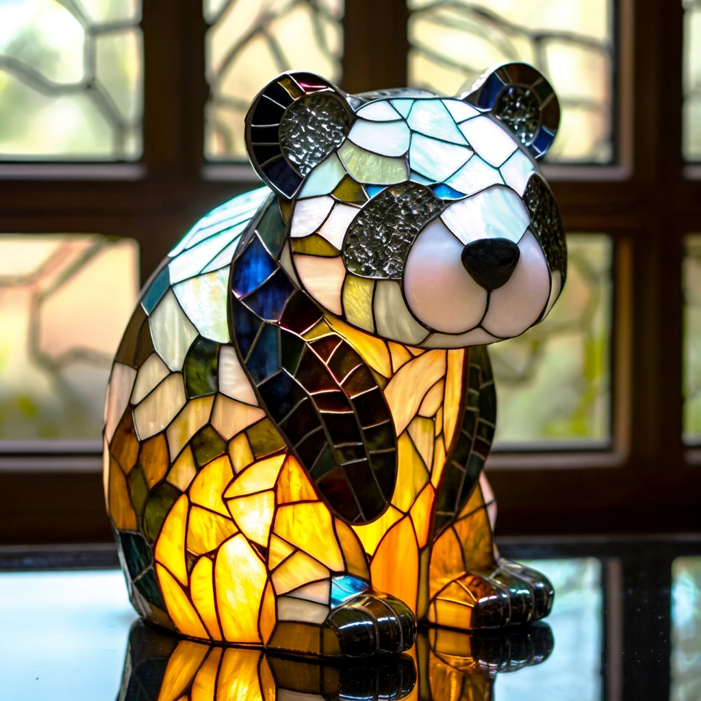 Kloffie Panda dierenlamp in glas-in-lood-stijl, verlicht