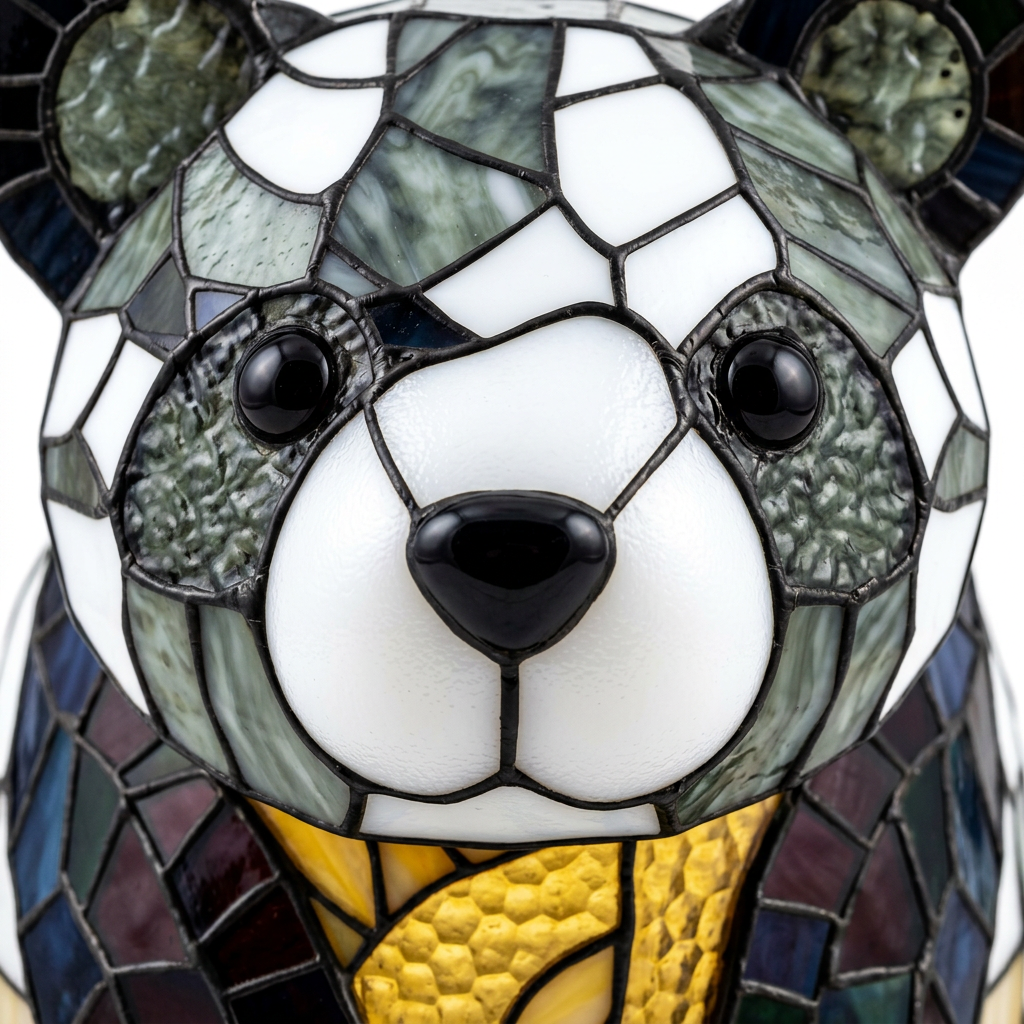 Close-up van de Kloffie Panda dierenlamp, kleurrijk mozaïekdetail