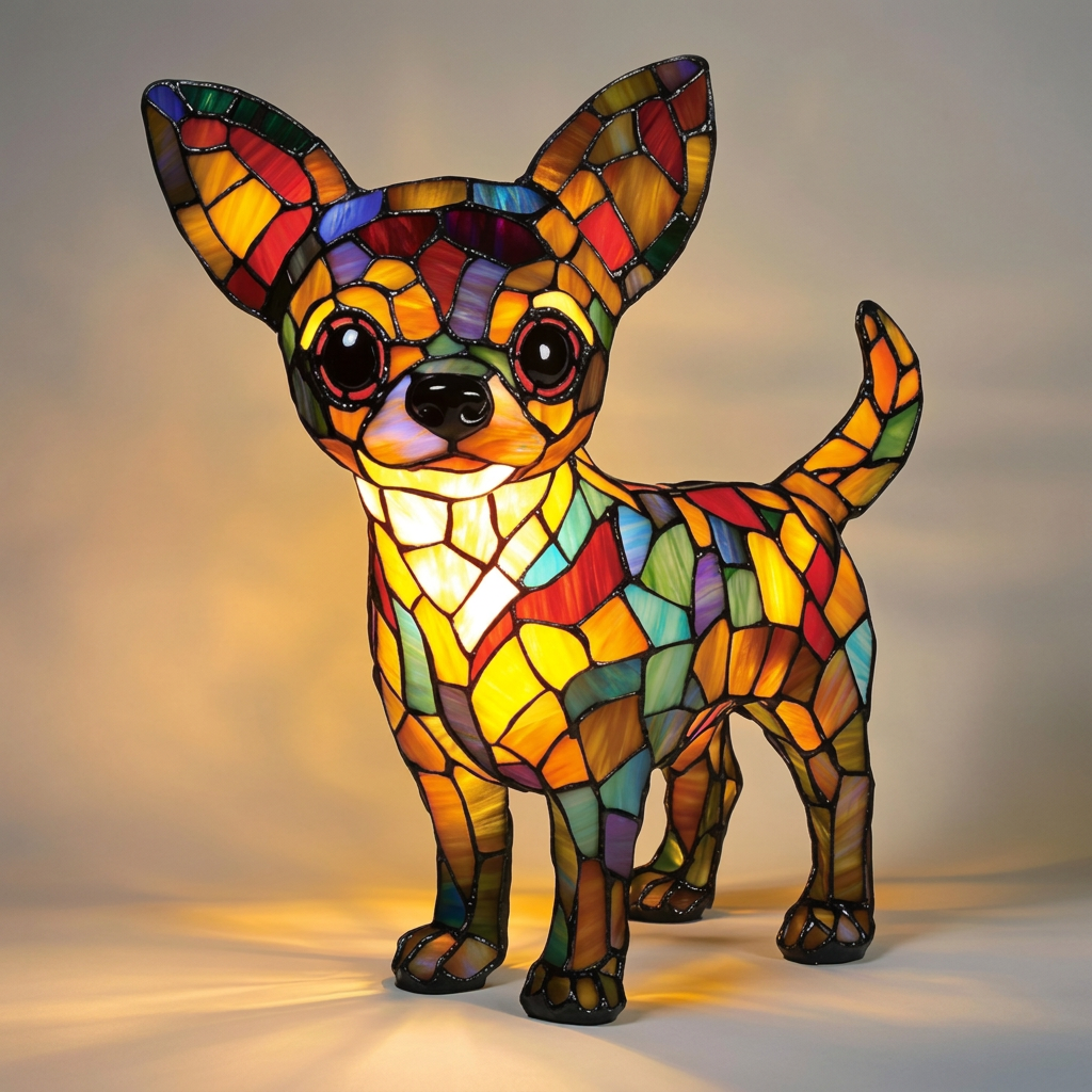 Lampe animale Vivre avec un Chihuahua style vitrail, allumée