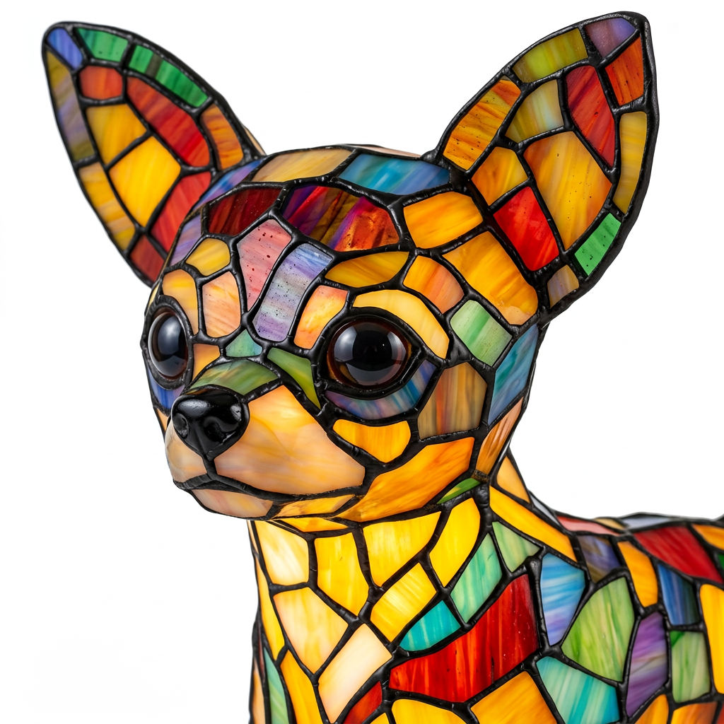 Gros plan de la lampe animale Vivre avec un Chihuahua, détail de la mosaïque colorée