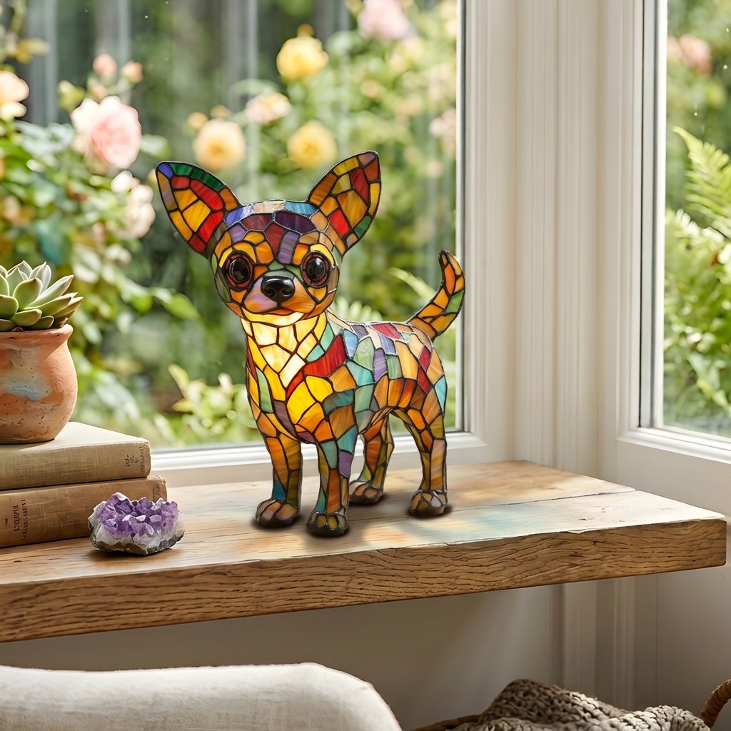 Lampe animale Vivre avec un Chihuahua sur une table en bois dans une pièce lumineuse