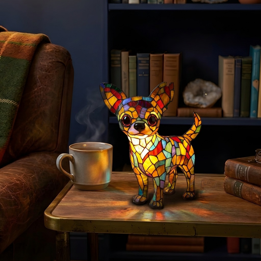 Lampe animale Vivre avec un Chihuahua allumée dans une pièce chaleureuse le soir