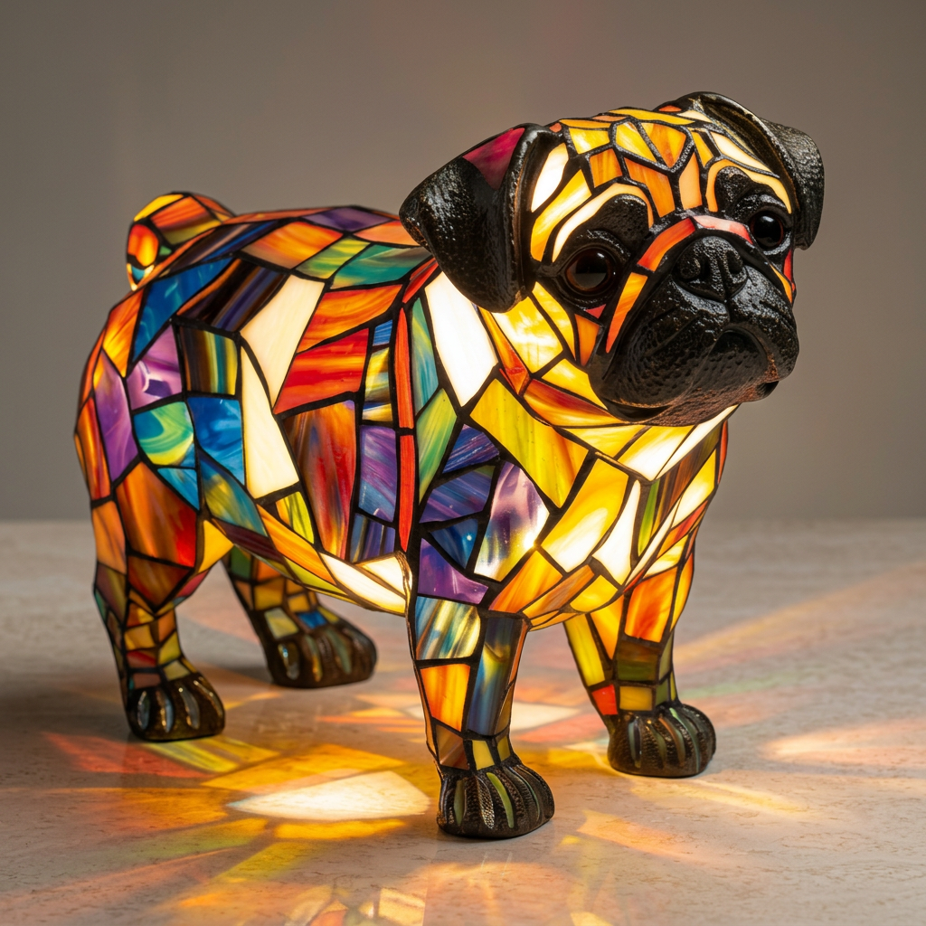 Lampe animale Carlin Rayonnant style vitrail, allumée
