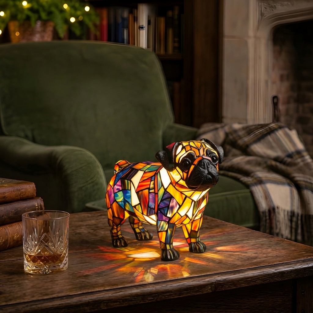 Stralende Mopshond dierenlamp die gezellig gloeit in een kamer 's avonds