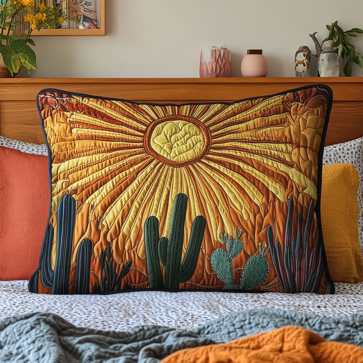 Taie d'oreiller matelassée Lever de soleil aux cactus – vue de face