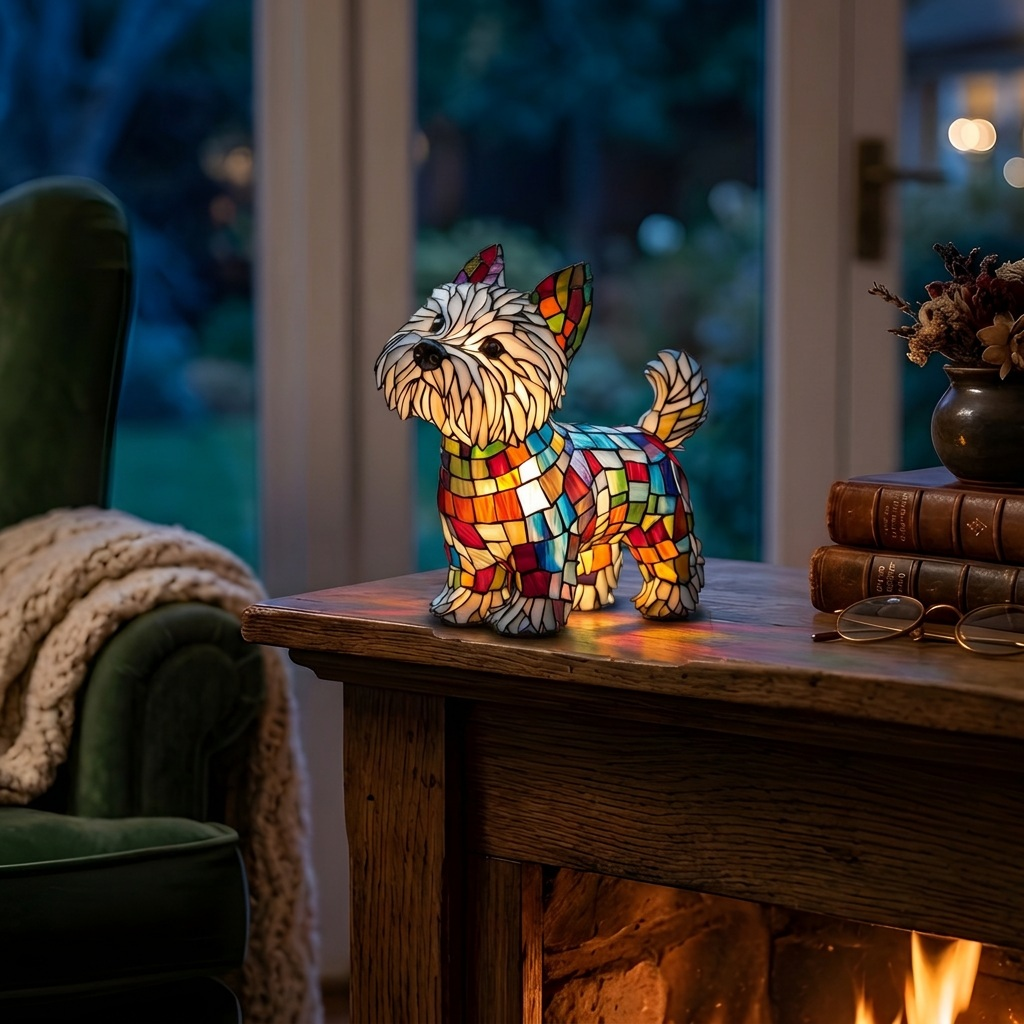 Lampe animale Moomie Compagnon allumée dans une pièce chaleureuse le soir